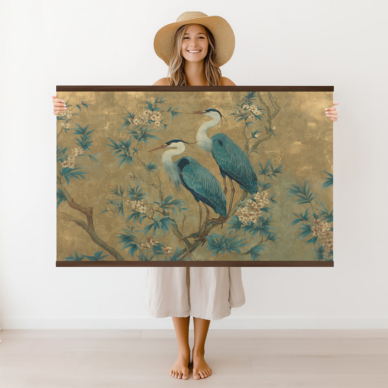 Blue Heron Wall Hanging Tapestry – Vintage Botanical Asian-Inspired Artwork Canvas with Wooden Hangers, 32" H x 48" W 