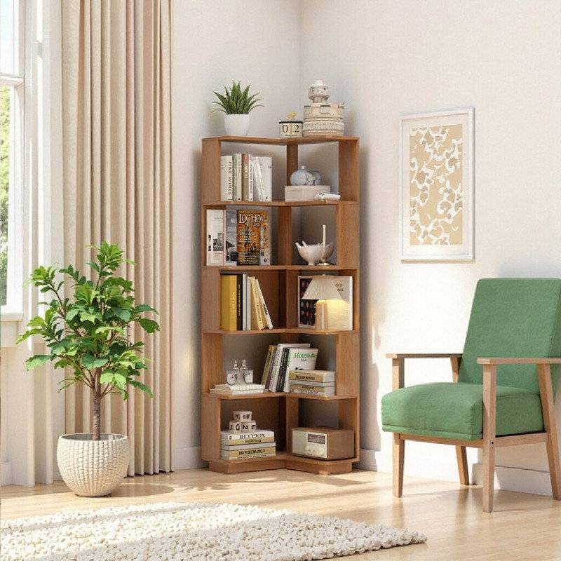 6-Tier Corner Bookcase – Space-Saving L-Shaped Shelf with Anti-Tip Safety, Dark Oak