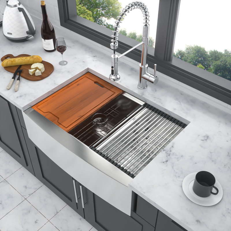 33 Inch Farmhouse Kitchen Sink Workstation, Double Bowl (60/40), 16 Gauge Stainless Steel, Apron Front | Gift Idea