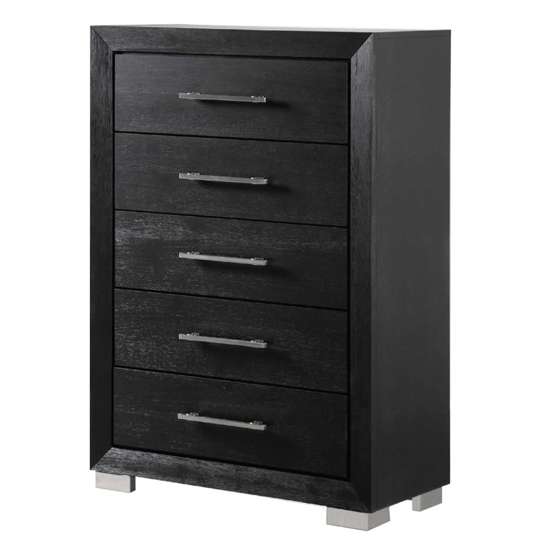 Commode haute 5 tiroirs Ashen, noire, métal chromé
