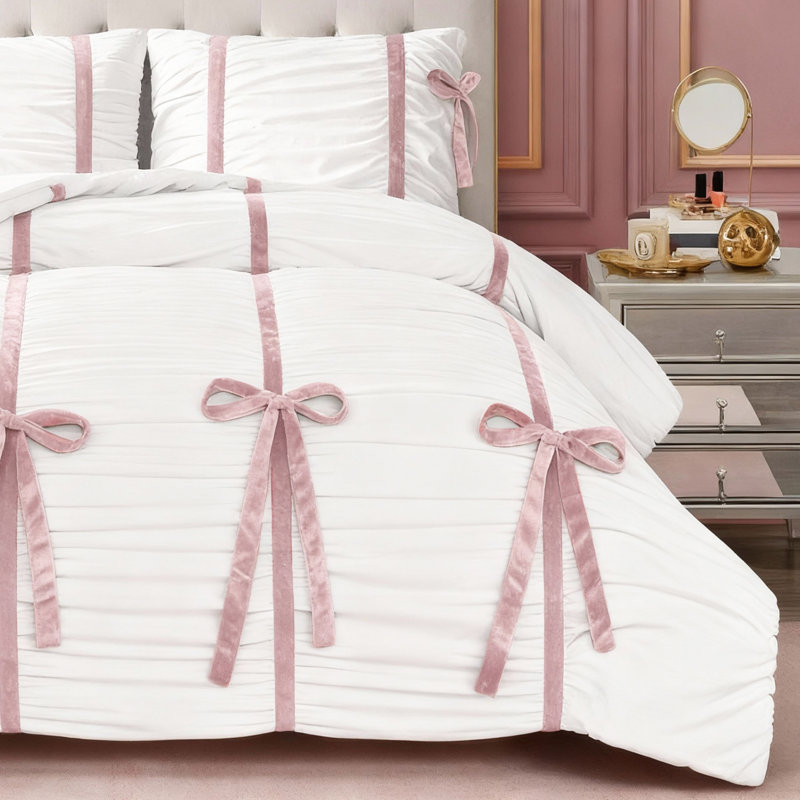 Juicy Couture Amelie Bows Ruched Comforter Sets, King Comforter + 2 King Shams, White