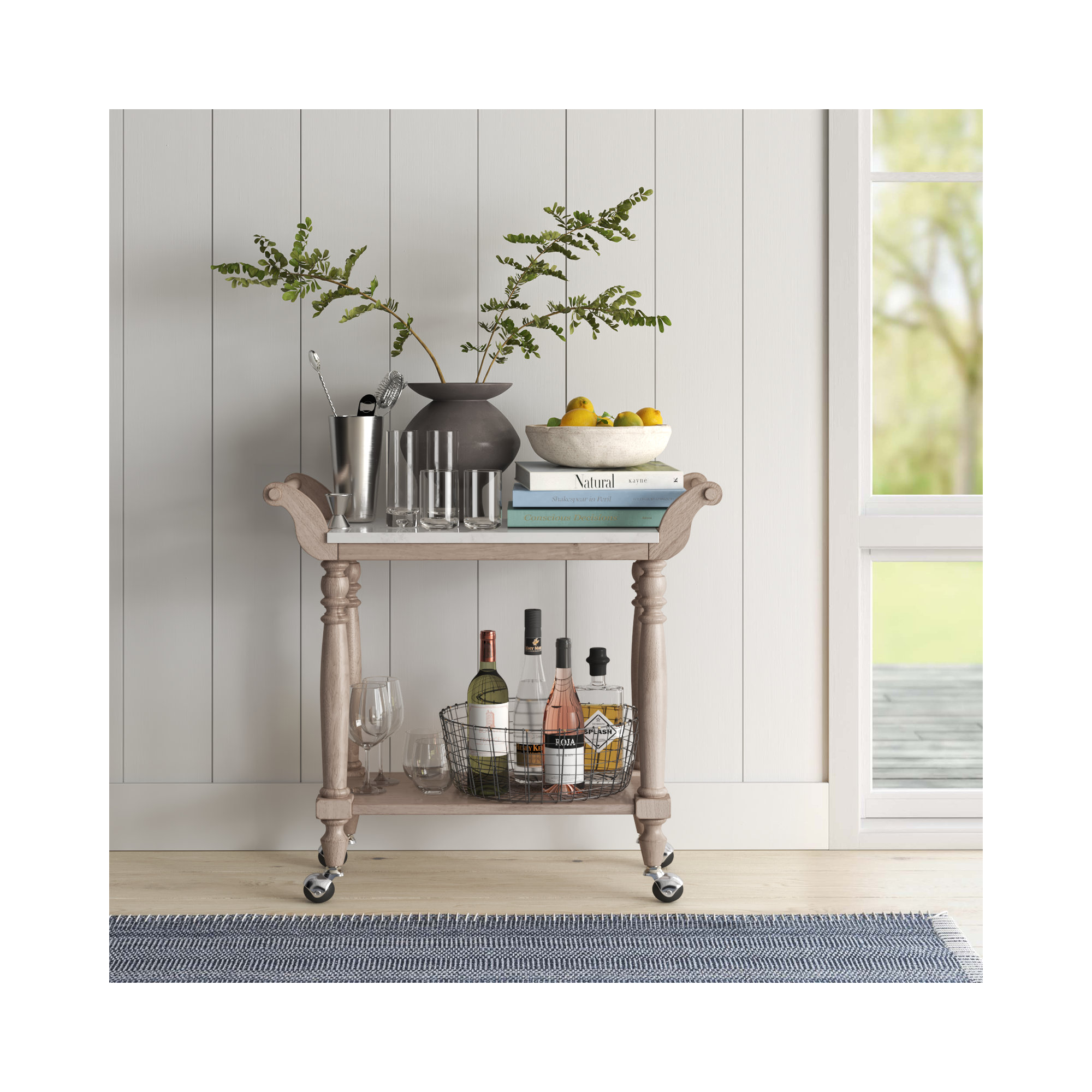 Aberdale Marble Top and Wood Bar Cart, Sandalwood Beige