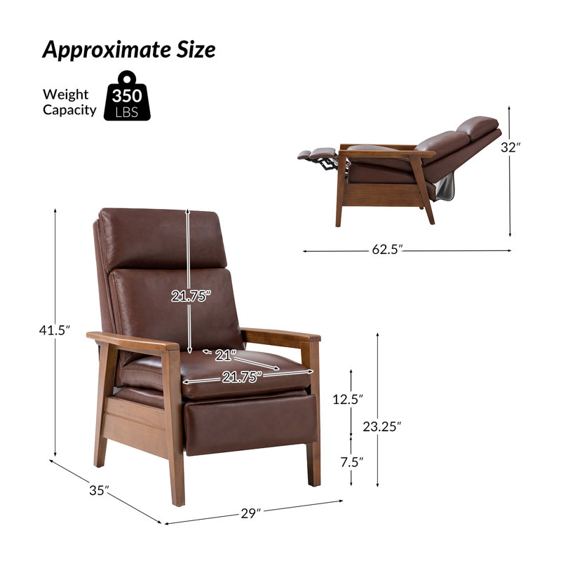 Gladys Mid-Century Modern Genuine Leather Pushback Recliner, Brown Genuine Leather