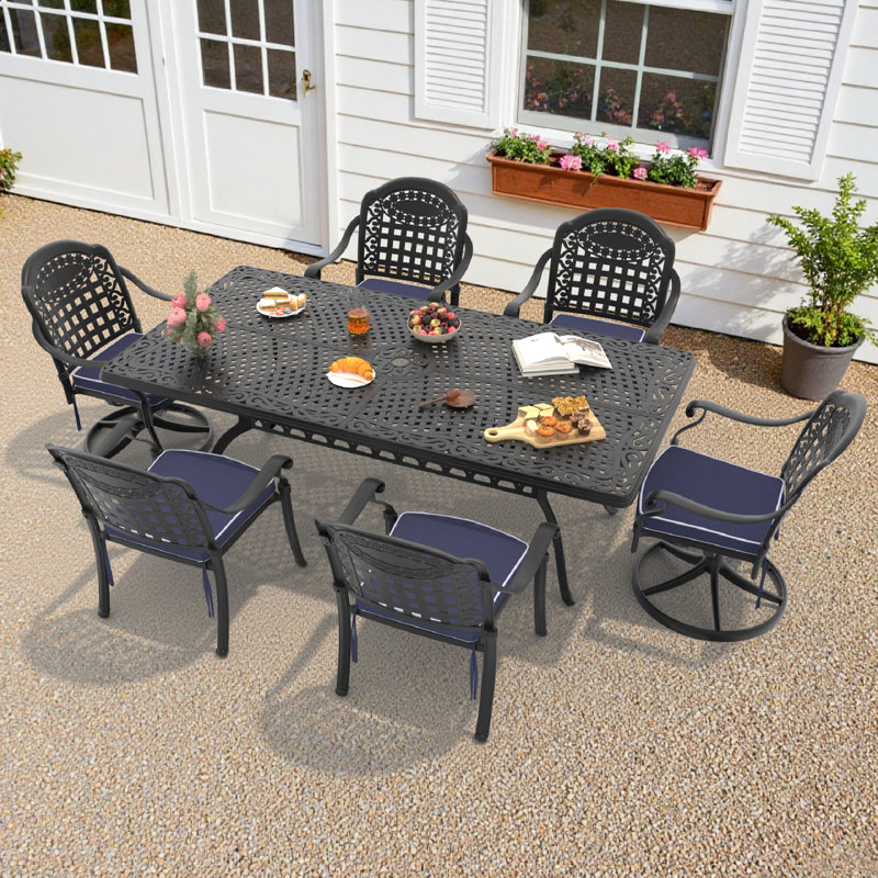 Ensemble repas pour 6 personnes rectangulaire en fonte d'aluminium avec 2 chaises pivotantes, coussins et trou pour parasol