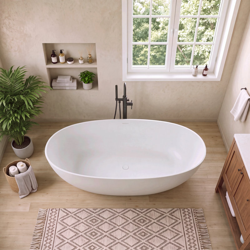 59’’ x 30’’ Matte White Solid Surface Freestanding Bathtub Soaking Tub