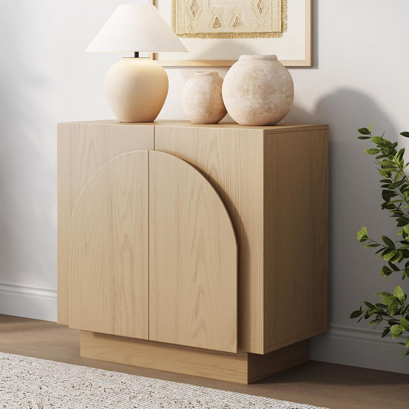 Crédence Mid-Century moderne - Buffet brun clair avec portes d'armoire arquées, rangement en bois de salon, chêne blanc