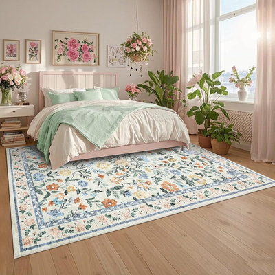 Washable Area Rug - Green - Vintage Floral, Non-Slip, Soft, Low Pile, Non-Shedding, Foldable Indoor Carpet