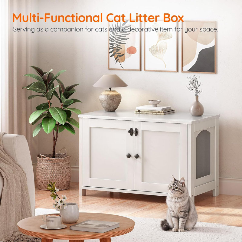 Litter Box Enclosure, Cat Litter Box Furniture with Removable Divider, Large Hidden Litter Box Furniture, Wooden Cat House, End Side Table, 31" L x 17.5" W x 19.7" H, White