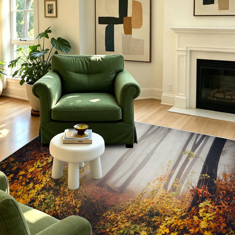 Tapis intérieur jaune lavable à la machine, motif paysage symétrique surréaliste, Rectangle 39" x 63"