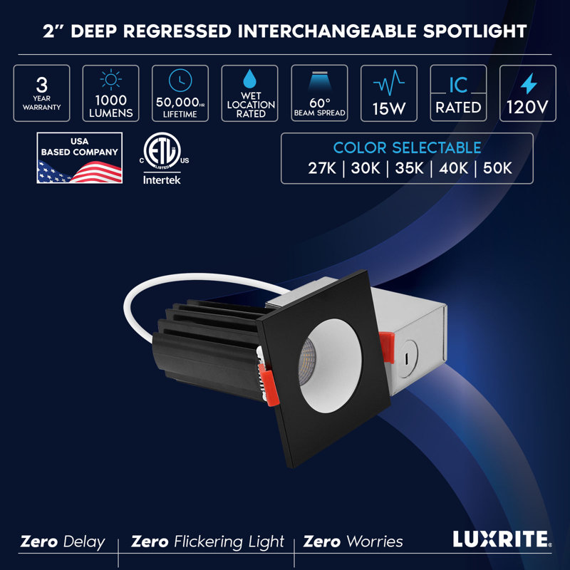 Ensemble de 2 po LUXRITE Éclairage encastré à DEL à lumière profonde sans lumière, blanc rond et carré, interchangeable, 5 carats, 1000 lm, 15 W, intensité variable, paquet de 6