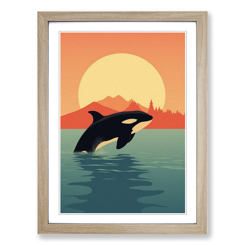 Orca Whale Minimalism - Single Picture Frame Print on Wood, 46cm H x 34cm W x 2cm D, Oak Framed
