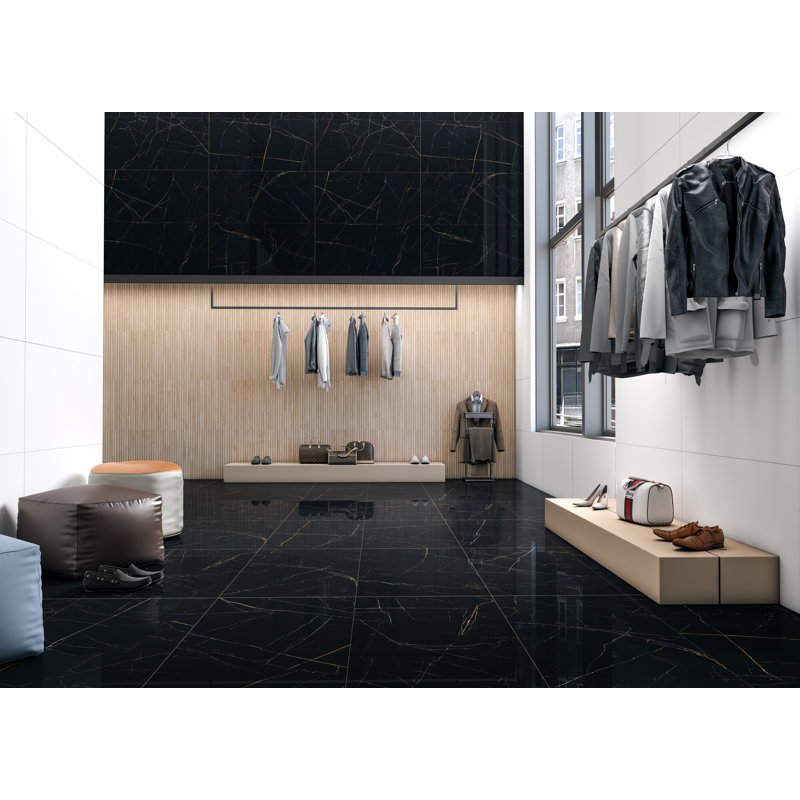 23" x 47" Straight Edge Porcelain Singular Wall & Floor Tile, Black/ Gold