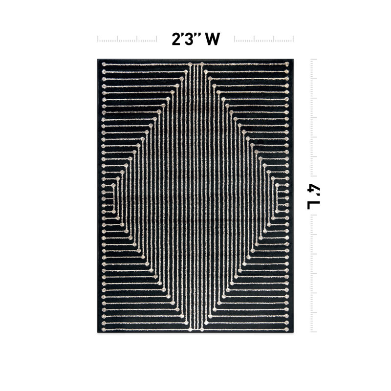Tapis moderne noir et crème à motif géométrique, Rectangle 2 pi 2 po x 4 pi