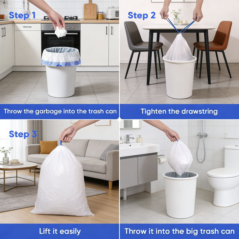 6 sacs à ordures à cordon 6 gallons, 60 sacs à ordures épaissis et étanches pour poubelles de cuisine, de salle de bain, de bureau et de salon, non parfumés et extensibles