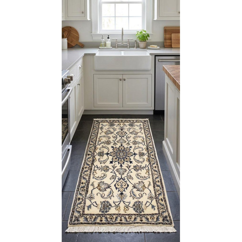 Tapis beige / bleu marine en laine noué à la main de conception unique 2 pi 3 po x 4 pi 6 po années 2000 Ratley