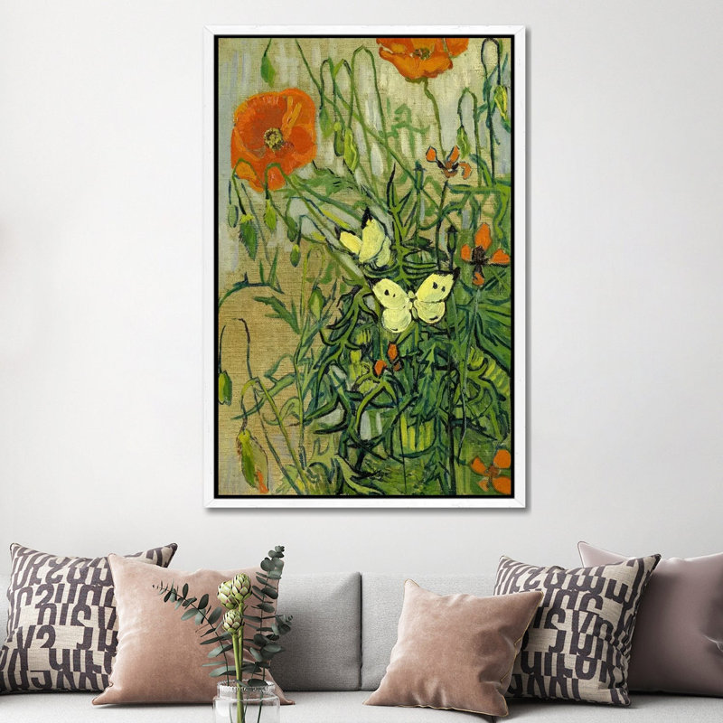 Butterflies And Poppies by Vincent Van Gogh - Floater Frame Painting on Canvas, 152.5 cm H x 101.5 cm W, White