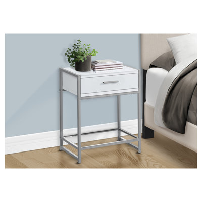 Table d'appoint moderne avec tiroir de rangement - Table de chevet / table de bout en stratifié blanc et métal gris