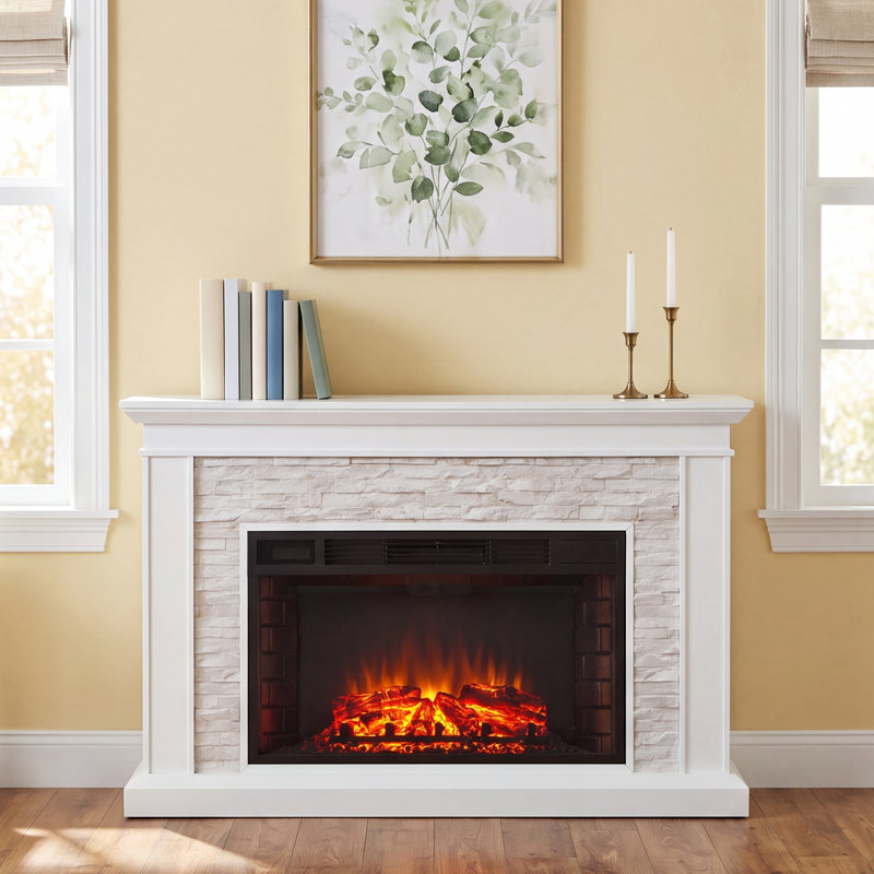 Ledgestone Fireplace, White