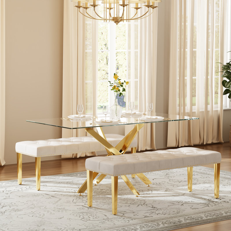 Ensemble de salle à manger moderne avec banc Hoggan, 29.5" H x 63" W x 31.5" D, Beige, Gold