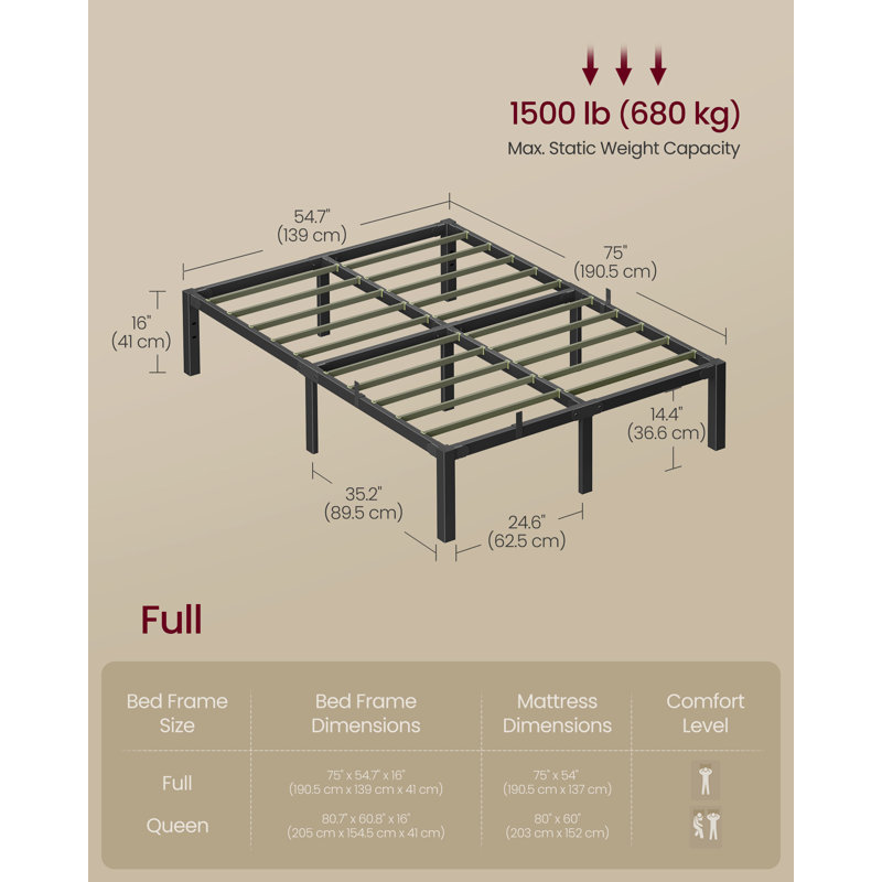 16" Heavy-Duty Platform Bed Frame Quick Assembly, 1500 lb Weight Capacity, No Box Spring Needed, Full