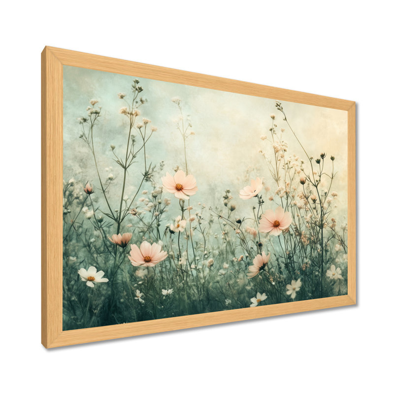 Softgreen Pink Soft Meadow Bloom - Tableau encadré, H 34 po x l 44 po, Natural Picture Framed