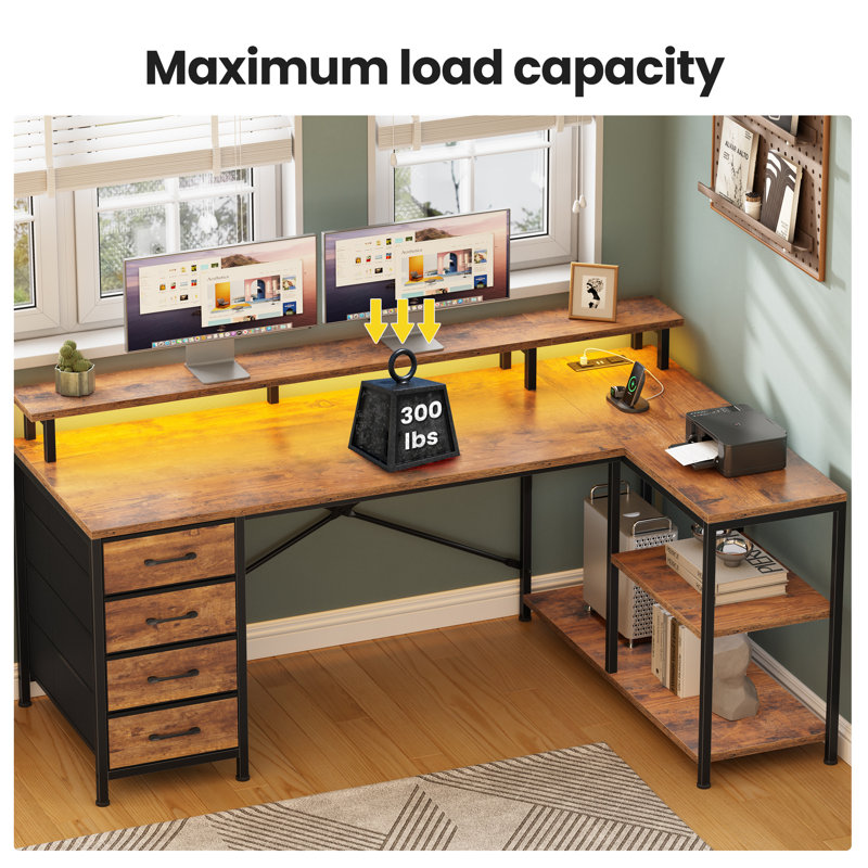 L Shaped Desk With 4 Drawers And Storage Shelves, L Shaped Gaming Desk With Led Lights & Power Outlets, Computer Desk With Shelves & Drawer, Corner Desk Home Office Desk