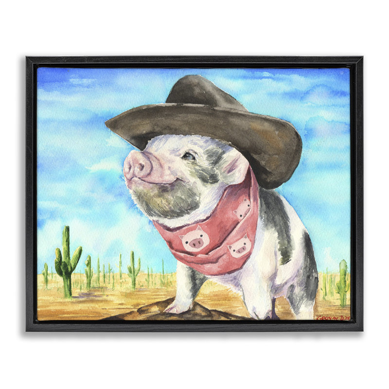 "Wild West Cowboy Pig", art mural sur toile flottante par George Dyachenko, Cadre flottant noir de jais, H 17 po x l 21 po