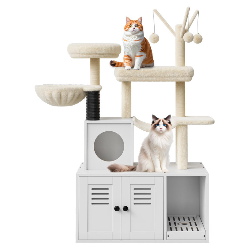 Enceinte de litière cachée pour chat avec tour d'arbre à chat, meuble pour salle de bain 2 en 1 avec hamac et poteaux à griffer