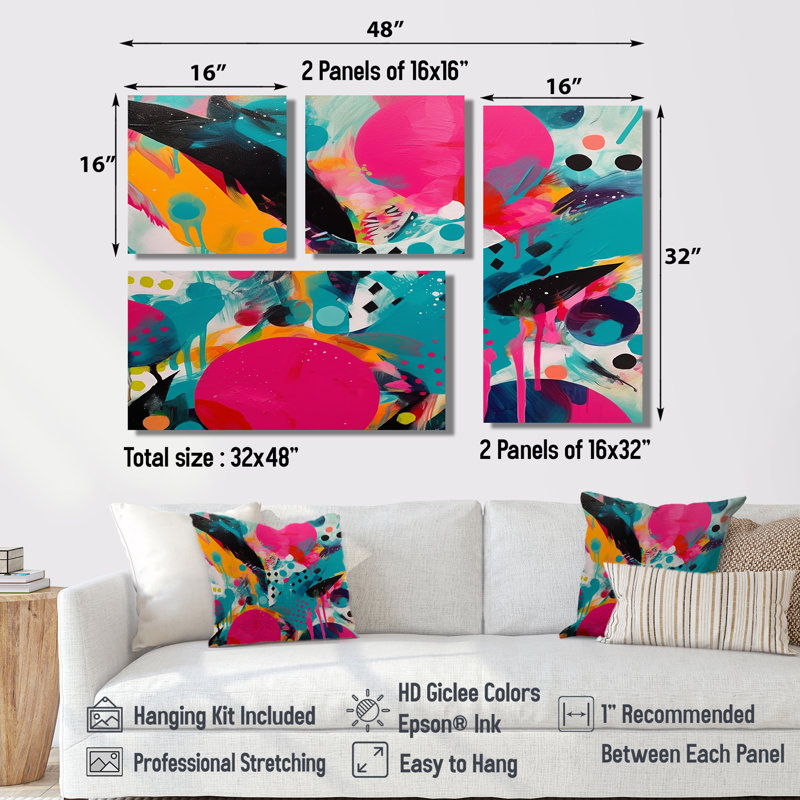 Enigme rose et turquoise abstraite I - décoration murale moderne 4 pièces, Noir, Impression encadrée sans passe-partout