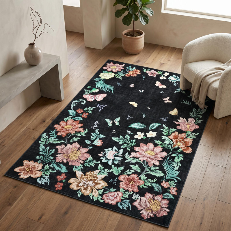 8x10 ft Washable Butterfly Floral Area Rug for Living Room - Modern Flower Print Carpet, Soft Velvet, Non-Slip TPR Backing, Machine Washable, Black