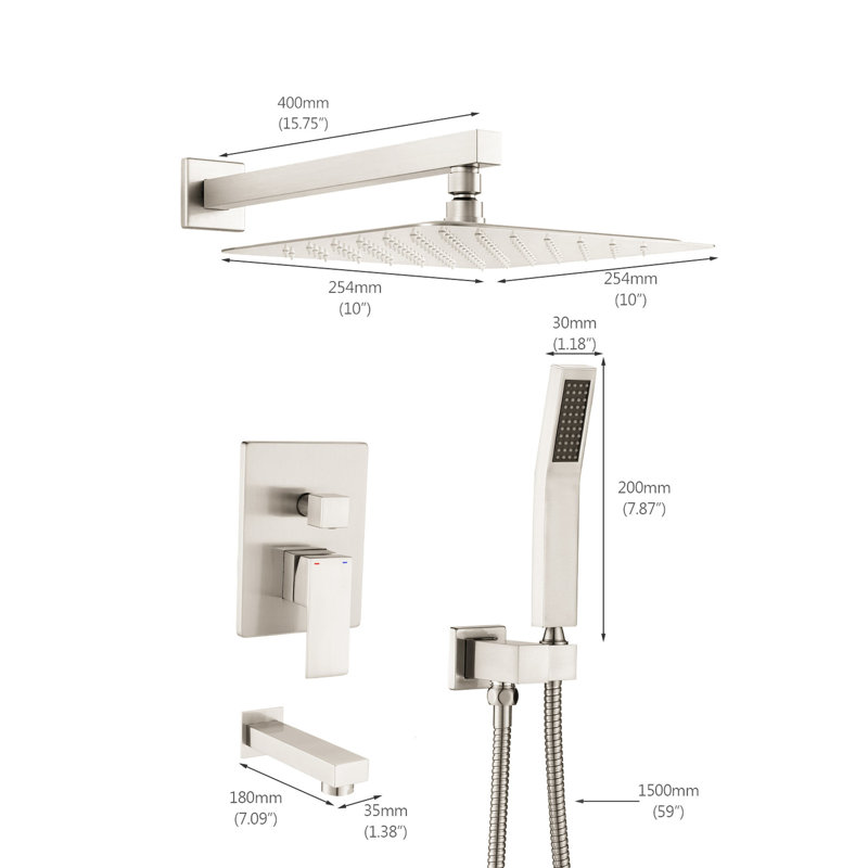 Wall Mounted Shower With Brushed Nickel Head - 10 Inch Rain Head, Handheld Shower, High Flow, Leak- Design Assembly Kit 10" Performance, Self-cleaning Nozzle