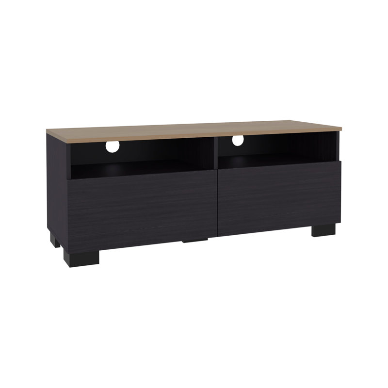 Meuble télé en wengé et chêne naturel avec porte et rangement ouvert sur place
