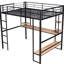 Lit mezzanine double en métal pleine grandeur, noir - bureau long et tablettes pour une organisation fonctionnelle et efficace du bureau à domicile