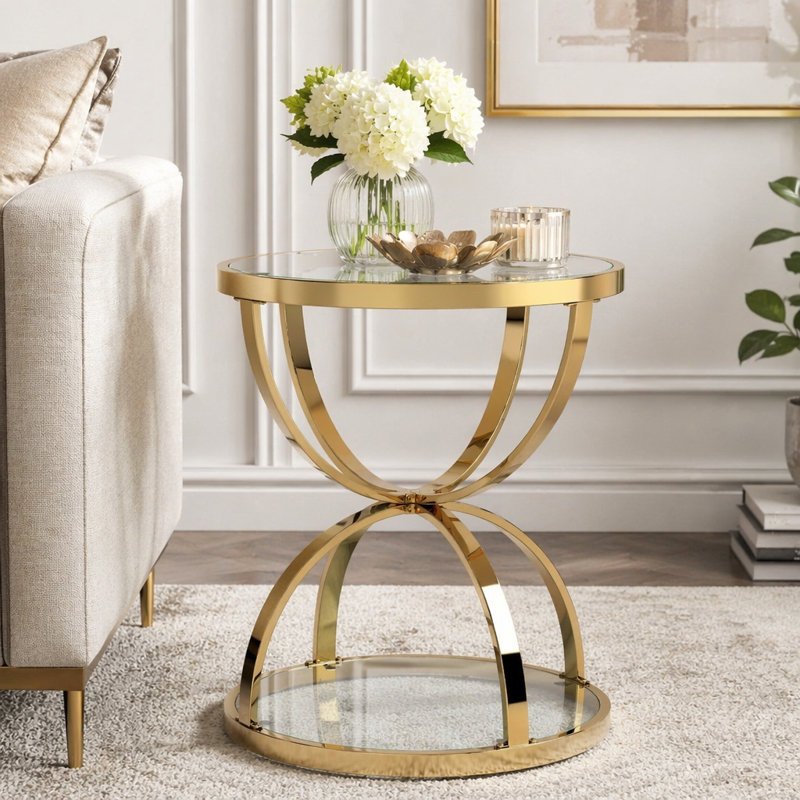 Table d'appoint moderne en verre 19,69 po avec 2 niveaux, Gold