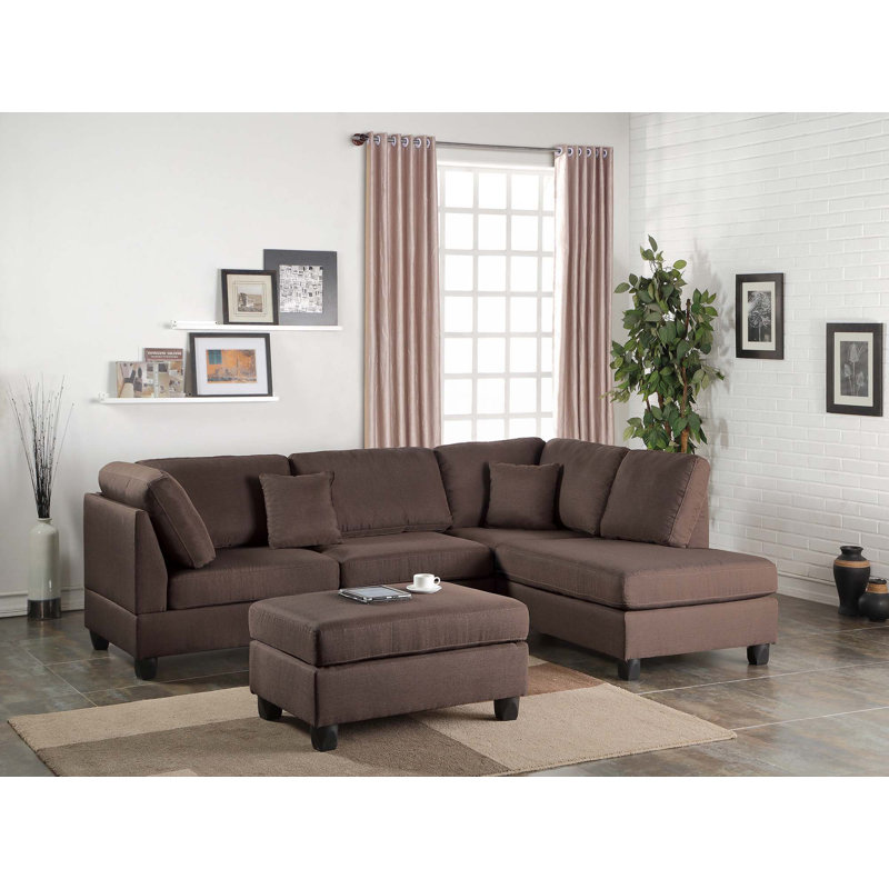 Canapé modulaire réversible avec repose-pieds 3 pièces 3 pièces, Tissu chocolat