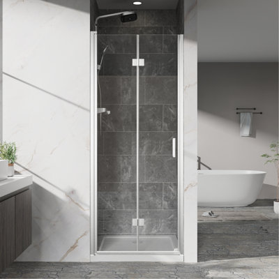 Pivot Shower Doors, 32" W X 72" H Frameless Bi-Fold Swing Shower Door,1/4" (6Mm) Clear Tempered Glass, Chrome Finish Hardware, Reversible Installation