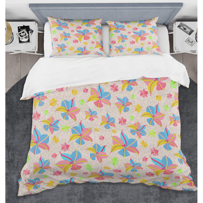 Ensemble de housse de couette à fleurs mid-century rétro, Housse simple + 1 taie décorative