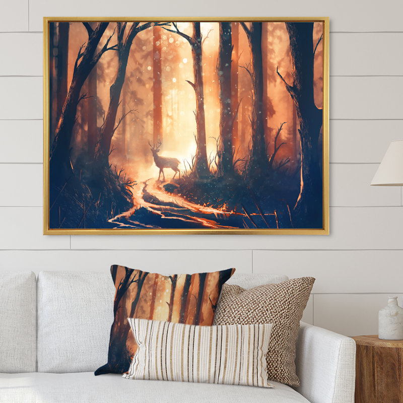 Cerf dans une forêt chaude surréelle - reproduction d'art sur toile traditionnelle, H 30 po x l 40 po x P 1,5 po