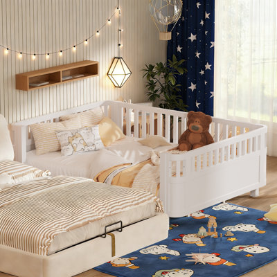 Queen Size Floor Bed with High Rails for Kids, Transition Style Wood Platform Bed Frame with Removable Guardrails Convertible Montessori Bed, Easy Assembly and Multi-Functional