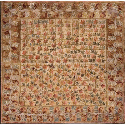 Square Room Size Antique 19th Century Ivory American Folk Art Leaf Pattern Hooked Rug