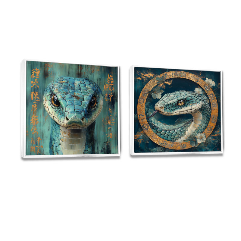 Signe chinois, serpent, sinueuse sagesse I - art mural animal serpent - ensemble d'art mural moderne 2 pièces, Blanc