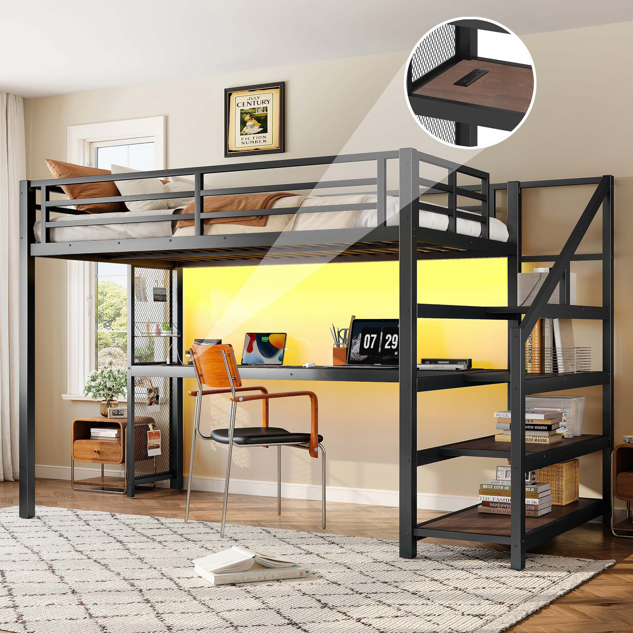 Latitude Run® Twin XL Loft Bed with Desk and Storage Stairs, Metal Loft ...