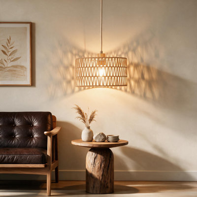 Luminaire suspendu en rotin 12,6 po, abat-jour tissé à la main, style bohémien, style champêtre, avec ampoule à intensité variable à trois niveaux (version tissée)