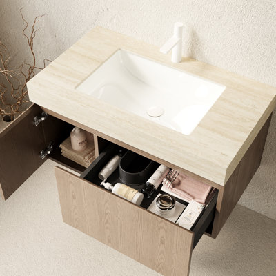 Meuble-lavabo flottant 36 po avec pierre frittée et vasque en céramique, tiroir et porte en contreplaqué, pré-assemblé, beige, comptoir de meuble-lavabo, brun, rayure, tiroirs à fermeture en douceur