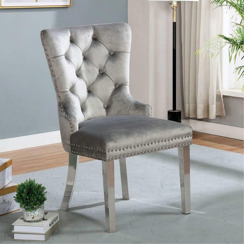 Ensemble de fauteuils de salle à manger capitonnés contemporains en flanelle 2 pièces, Gris