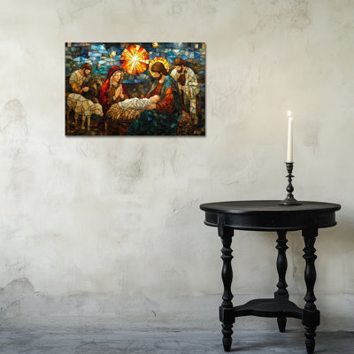 Crèche de Noël, peinture de la naissance de Jésus avec Mary Joseph Baby, effet de vitrail, affiche chrétienne pour la maison, Église, reproduction d'art sur toile encadrée, 12 po x 16 po