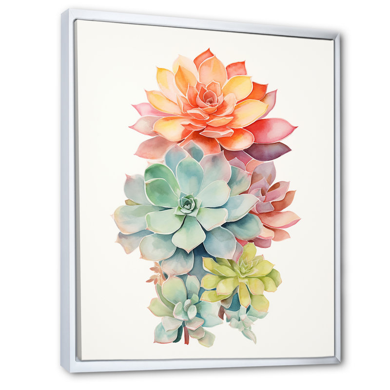 Succulent florissant tendre rétro bleu orange, H 44 po x l 34 po x P 1,5 po, Cadre flottant blanc