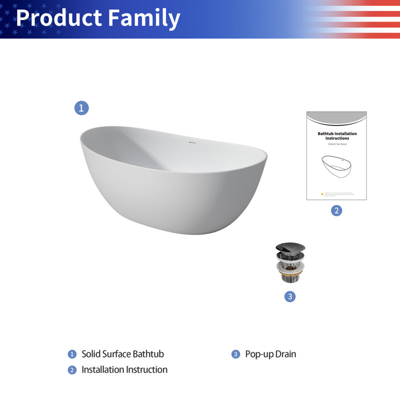 Baignoire de trempage autoportante de 65 pouces à surface solide, baignoire profonde en résine de pierre avec finition matte, baignoire autoportante moderne, sans bonde incluse