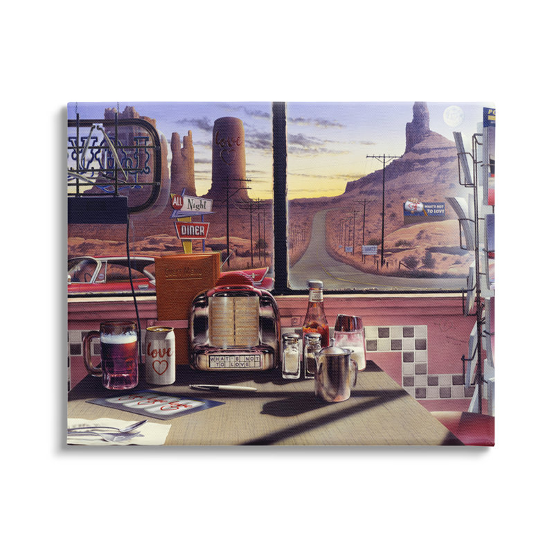 «Quirky Canyon Diner», tableau surdimensionné de paysages surdimensionnés, encadré noir, estampe numérique de Jadei