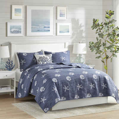 Reversible Cotton Quilt Navy Full/Queen - Embroidered Shell Motifs, Filling Bedding Decor, Easy Care, Machine Washable